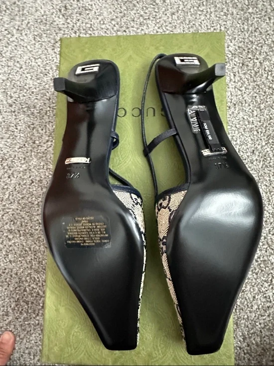 Gucci Beige and Blue GG Canvas and Leather Crystal Embellished Slingback Heels - Picture 5 of 5